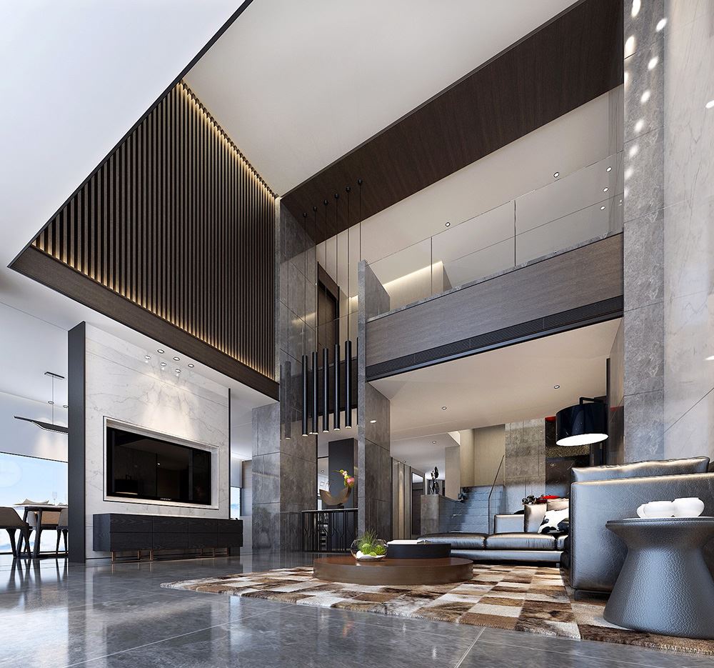 黑白灰现代简约风格室内装修效果图-汕头天湖郦都别墅420平米